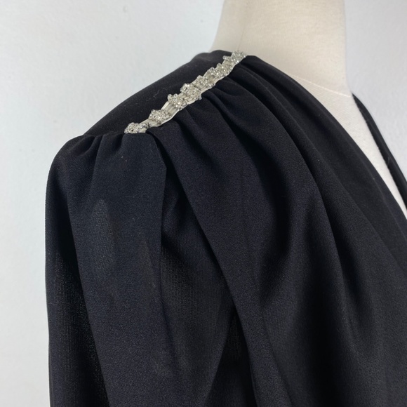 Vintage 80s Black Cocktail Dress Large Silver Beaded Drape Front Evening Formal - Picture 12 of 15
